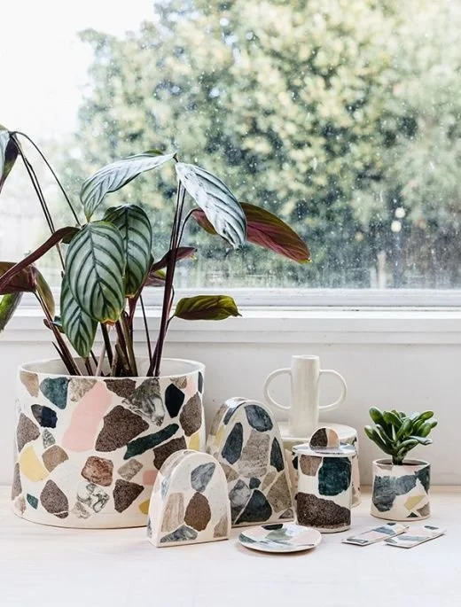 Patterned ceramic vessels arranged with leafy branches beside a window.