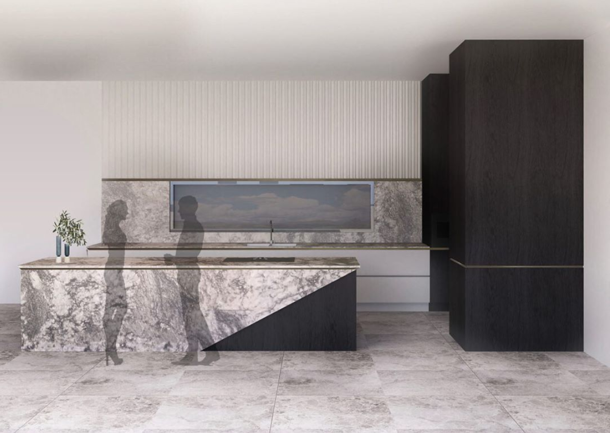 Strongly veined stone kitchen island beside dark cabinetry and vertical wall panelling.