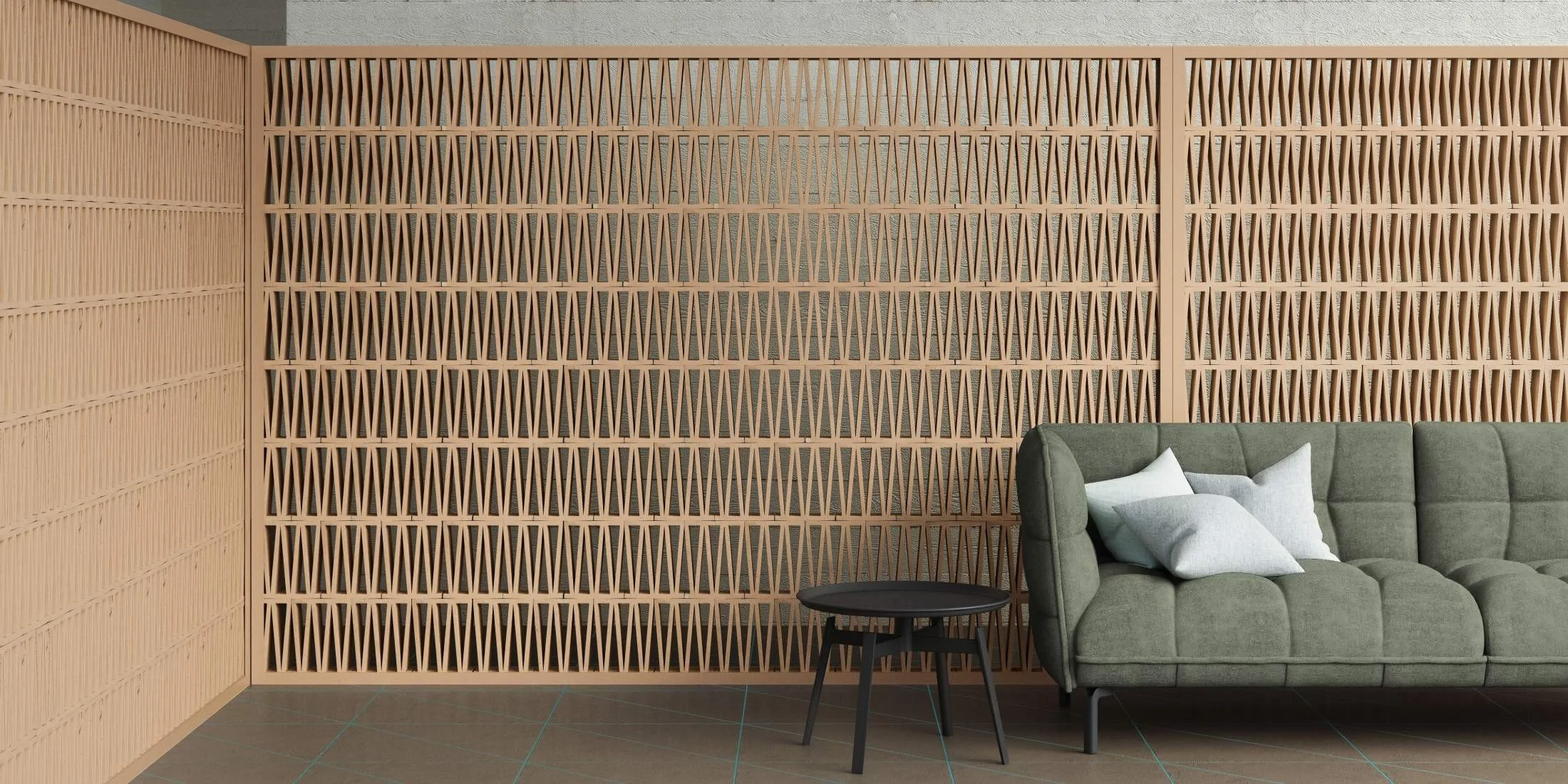 Green sofa against a wall of repeating textured timber forms.
