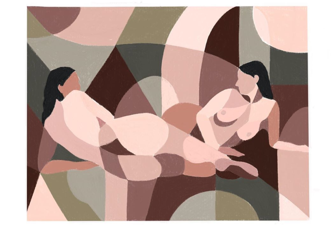 Abstract composition of seated figures within curved muted colour shapes.