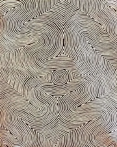 Dense monochrome artwork with flowing repetitive line patterns.