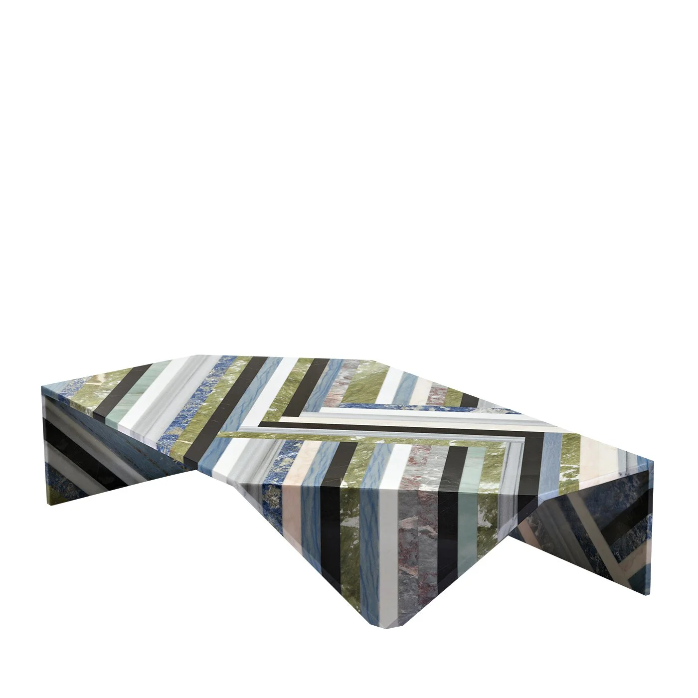 Geometric sculptural table with striped stone surfaces.