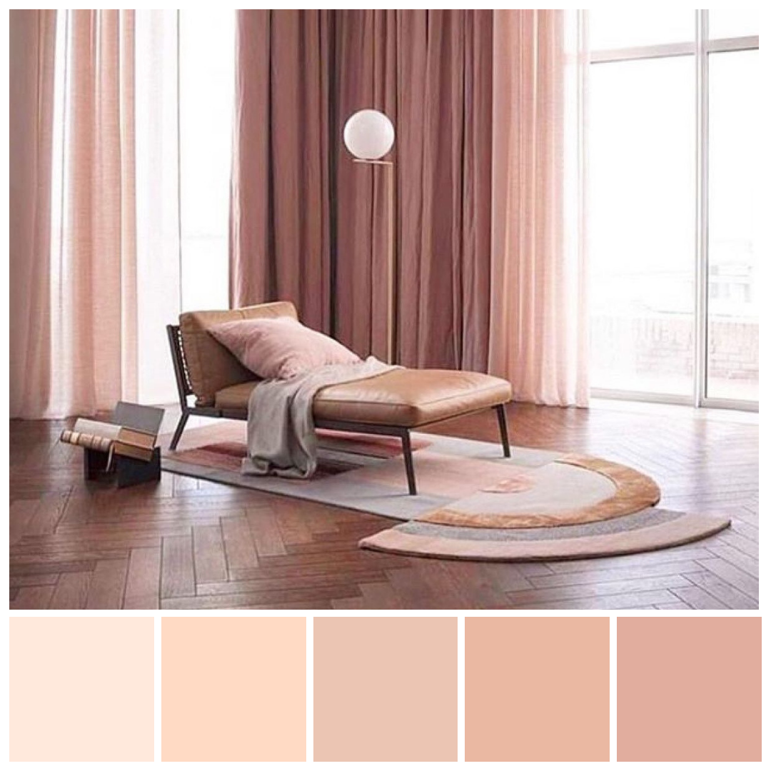 Soft pink living-room composition with curtains, rounded furniture and colour swatches.