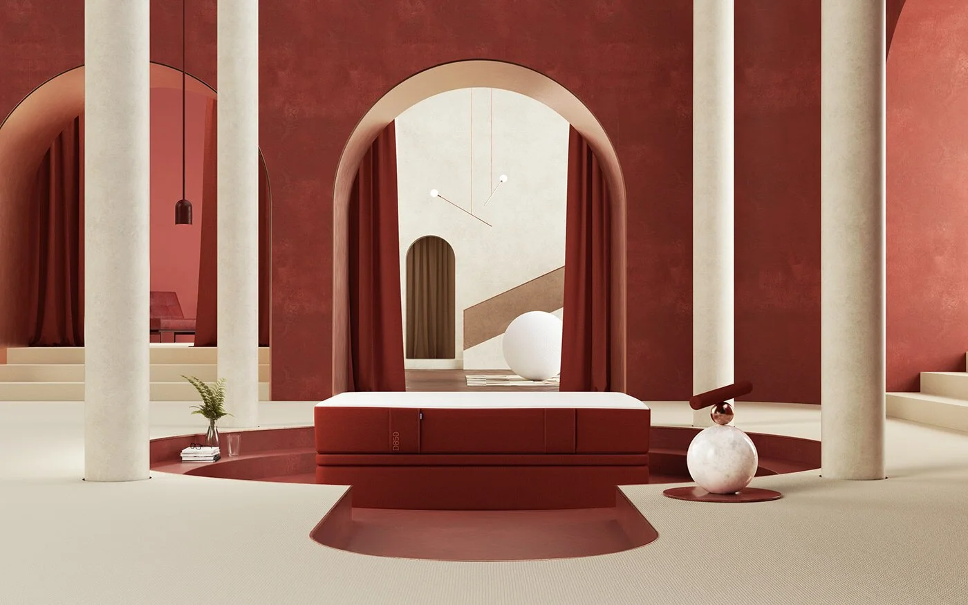Rust-toned interior with arched openings, a round mirror and curved vanity.