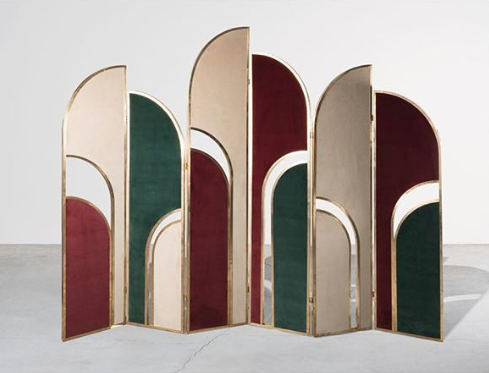 Decorative folding screens with arched forms and curved colour patterns.