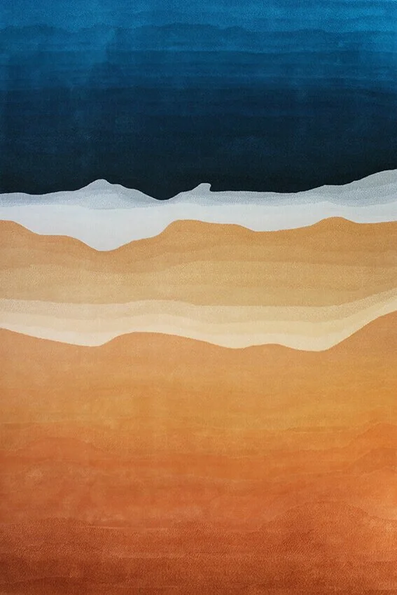 Abstract artwork with layered blue, cream and ochre bands.