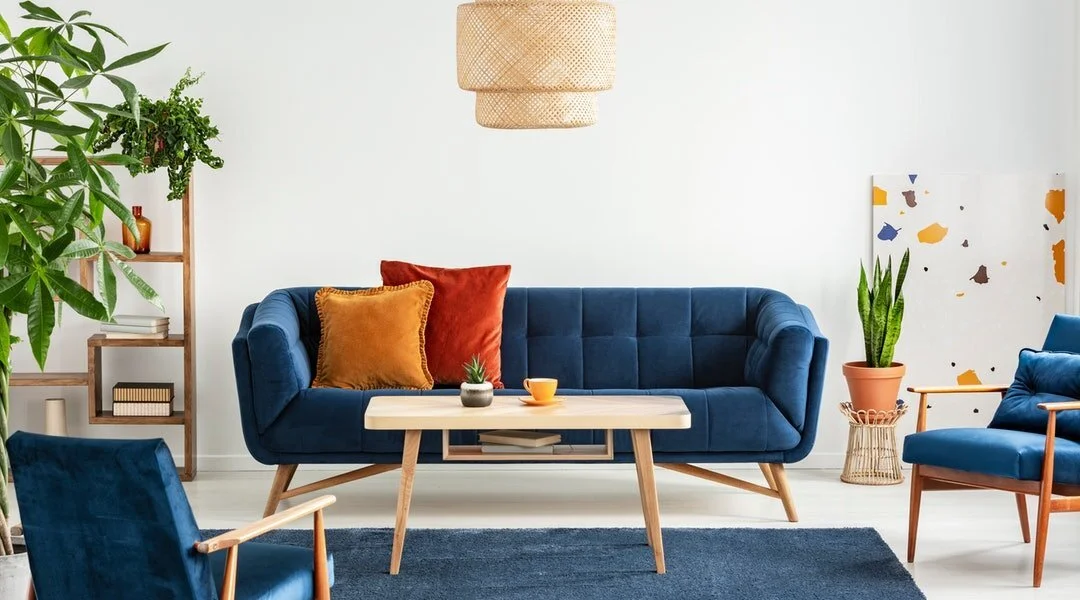 Blue sofa with rust-toned cushions beside a timber coffee table and indoor plant.