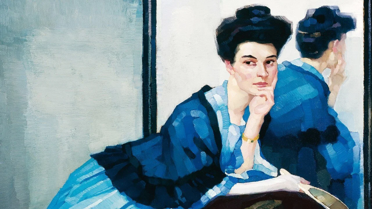 Painted portrait of a seated figure wearing blue, with a reflected profile.