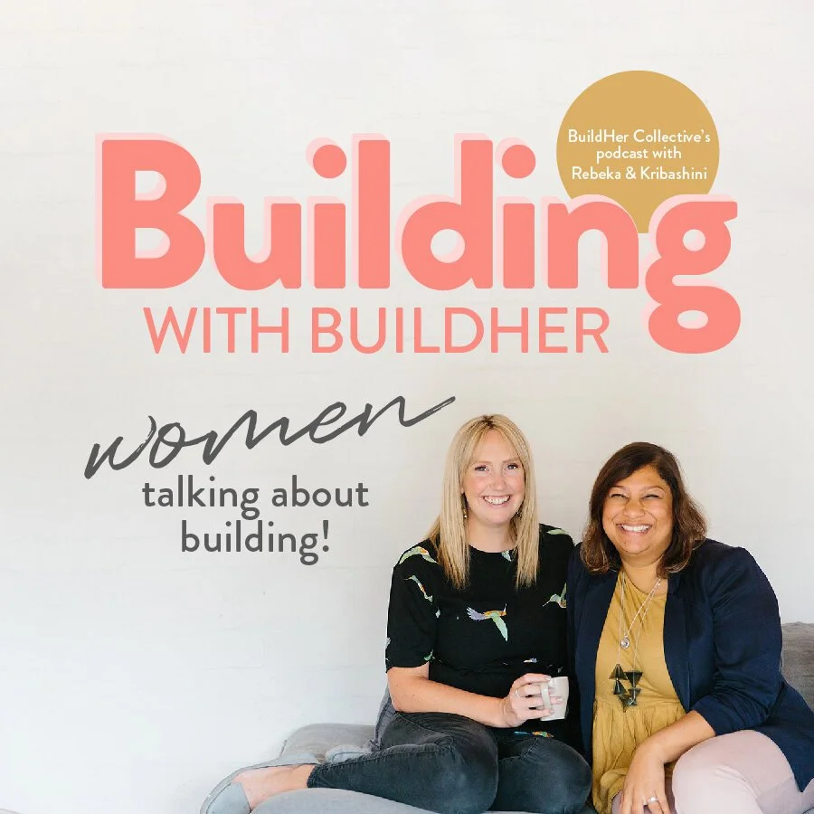 Building with BuildHer podcast artwork with two hosts and coral lettering.