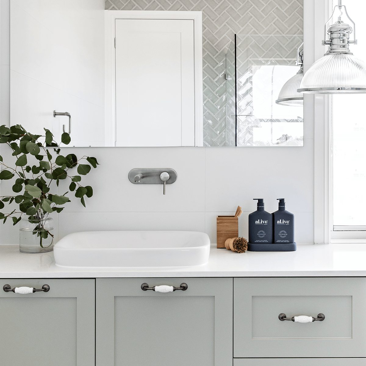 Pale kitchen cabinetry and white sink with plants and bottles beside a window.
