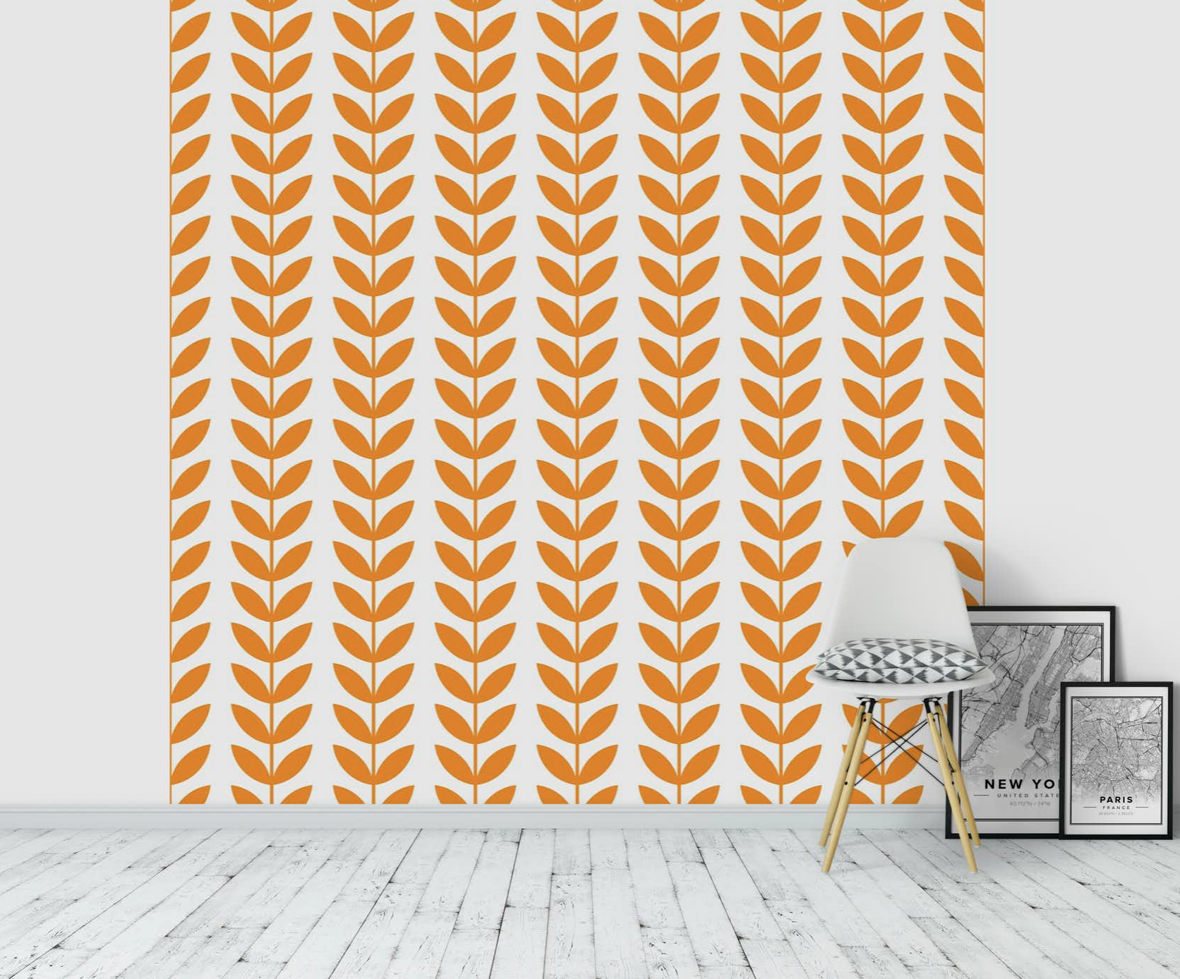 Orange-and-white repeating botanical wallpaper beside a small chair and framed artwork.