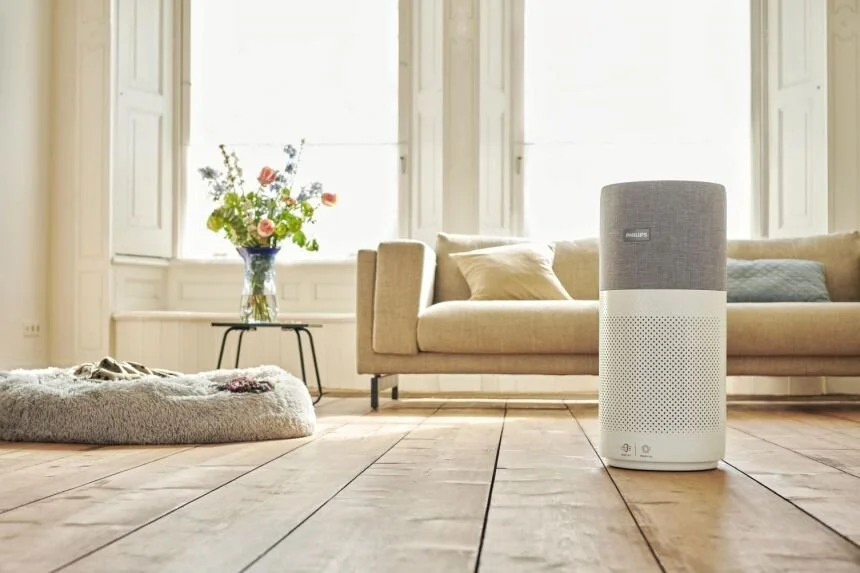 Bright living room with a pale sofa, flowers and an air purifier on timber flooring.