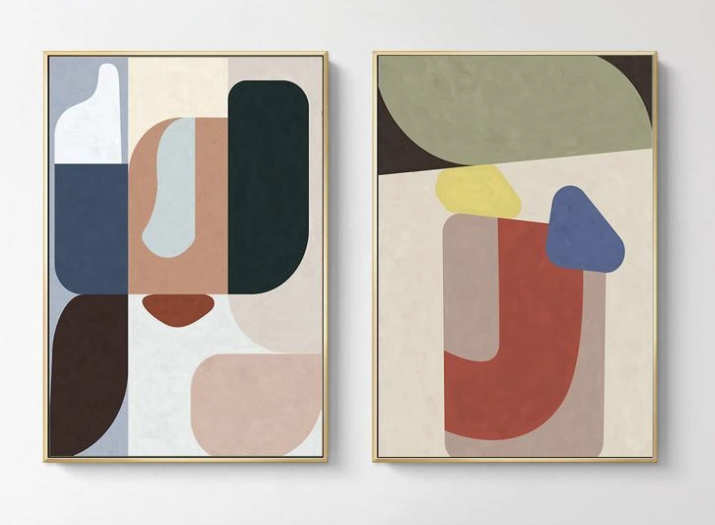Paired framed abstract artworks with muted geometric shapes.