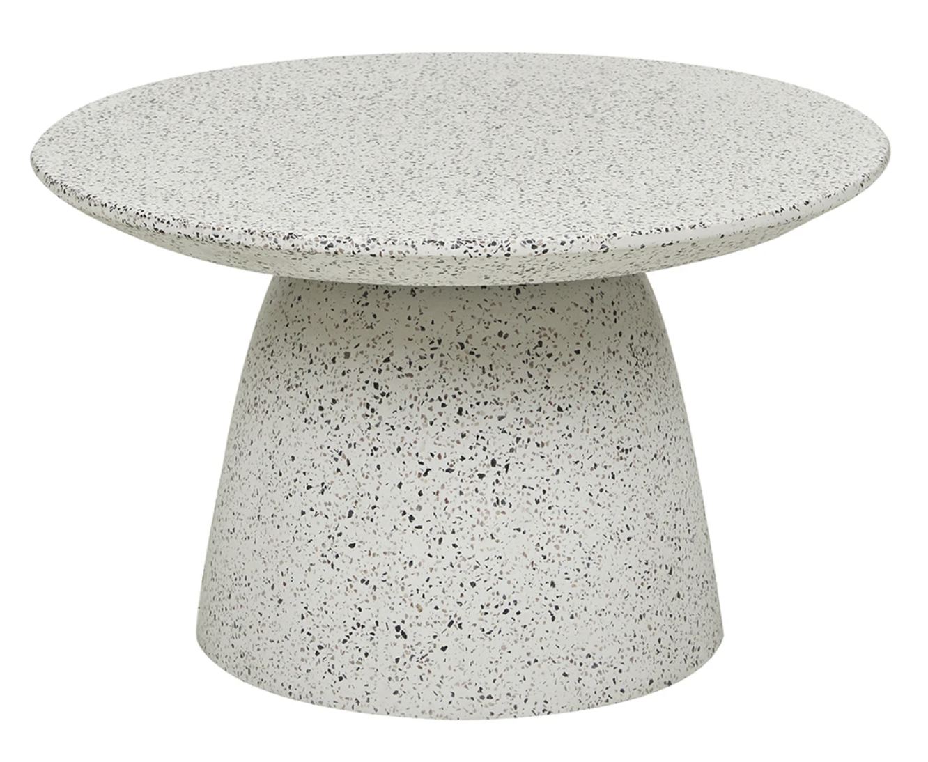 Round pale terrazzo coffee table with a tapered sculptural base.