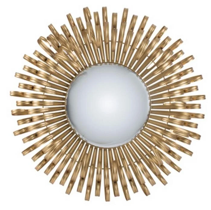 Circular gold-toned sunburst mirror with radiating decorative elements.