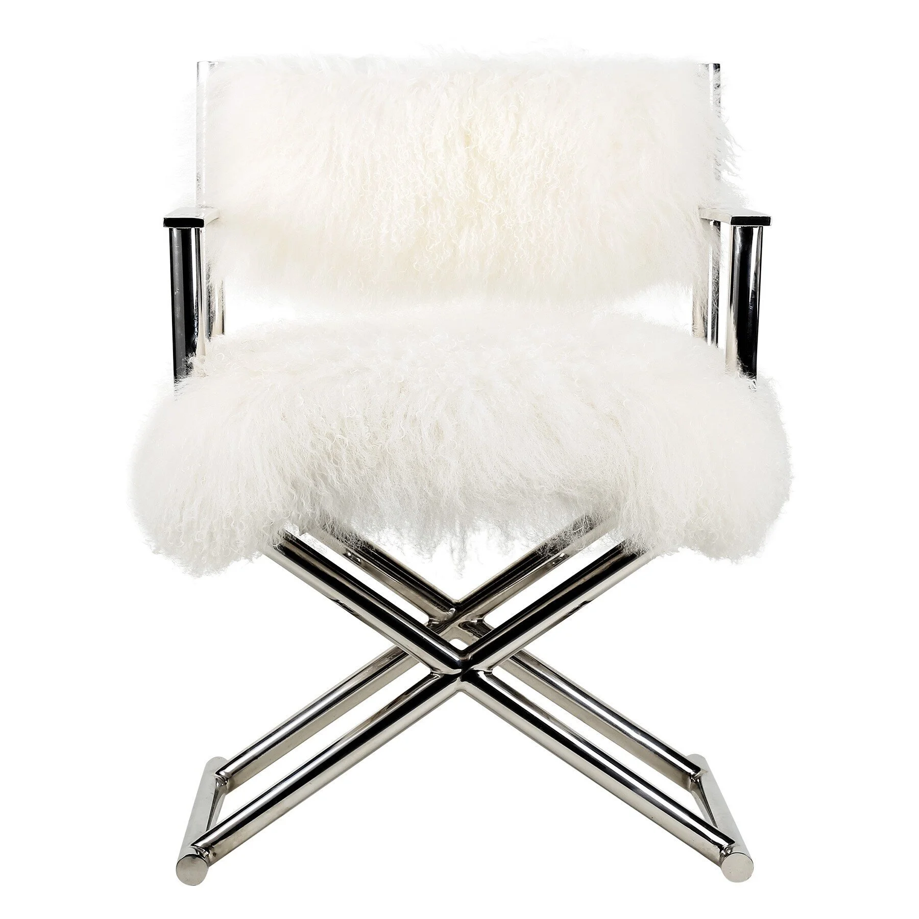White textured director-style chair with a crossed metal base.