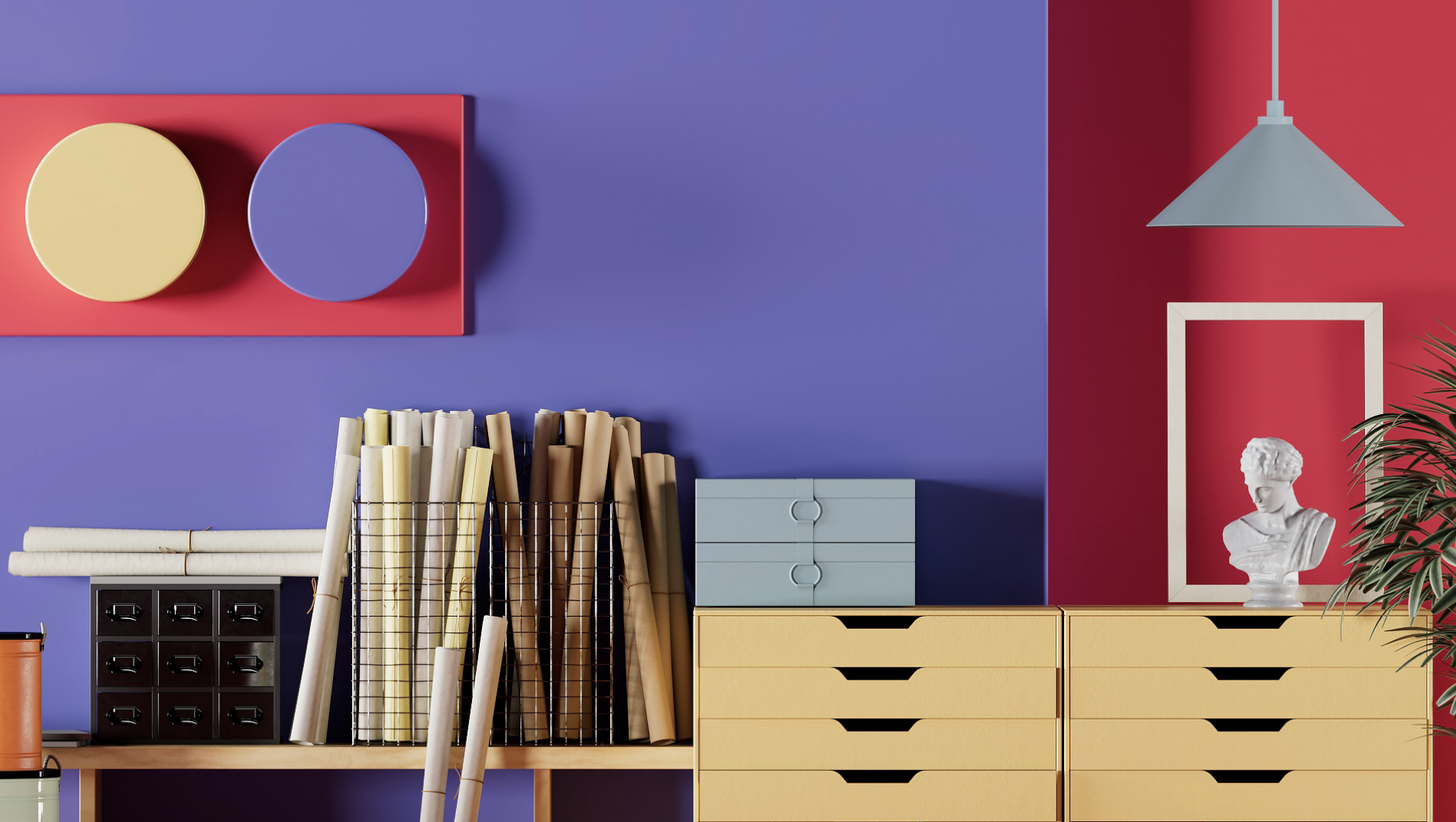 Blue-violet wall with yellow storage cabinets, red accents and geometric artwork.