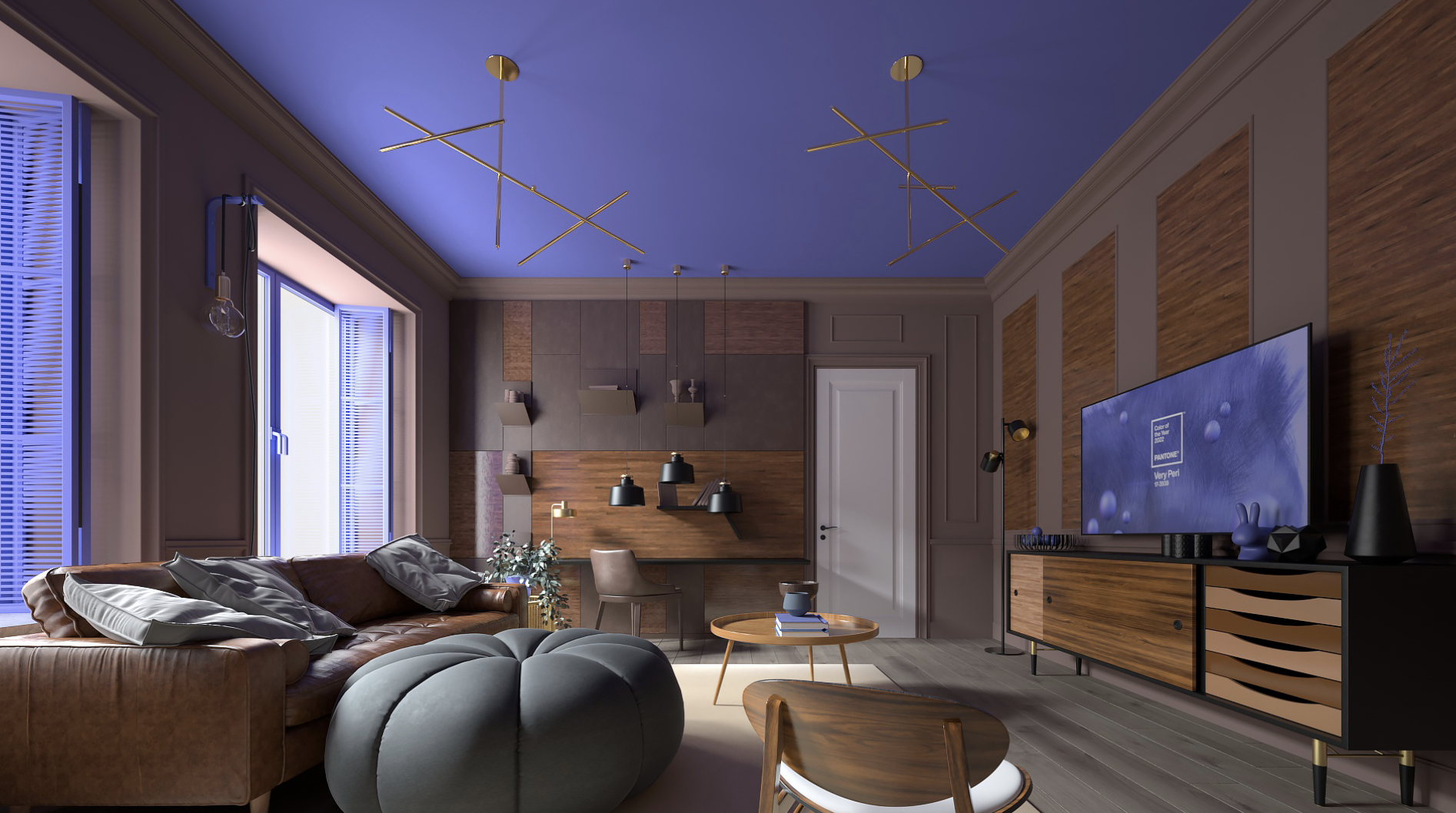 Living room with a blue-violet ceiling, grey upholstered seating and timber cabinetry.