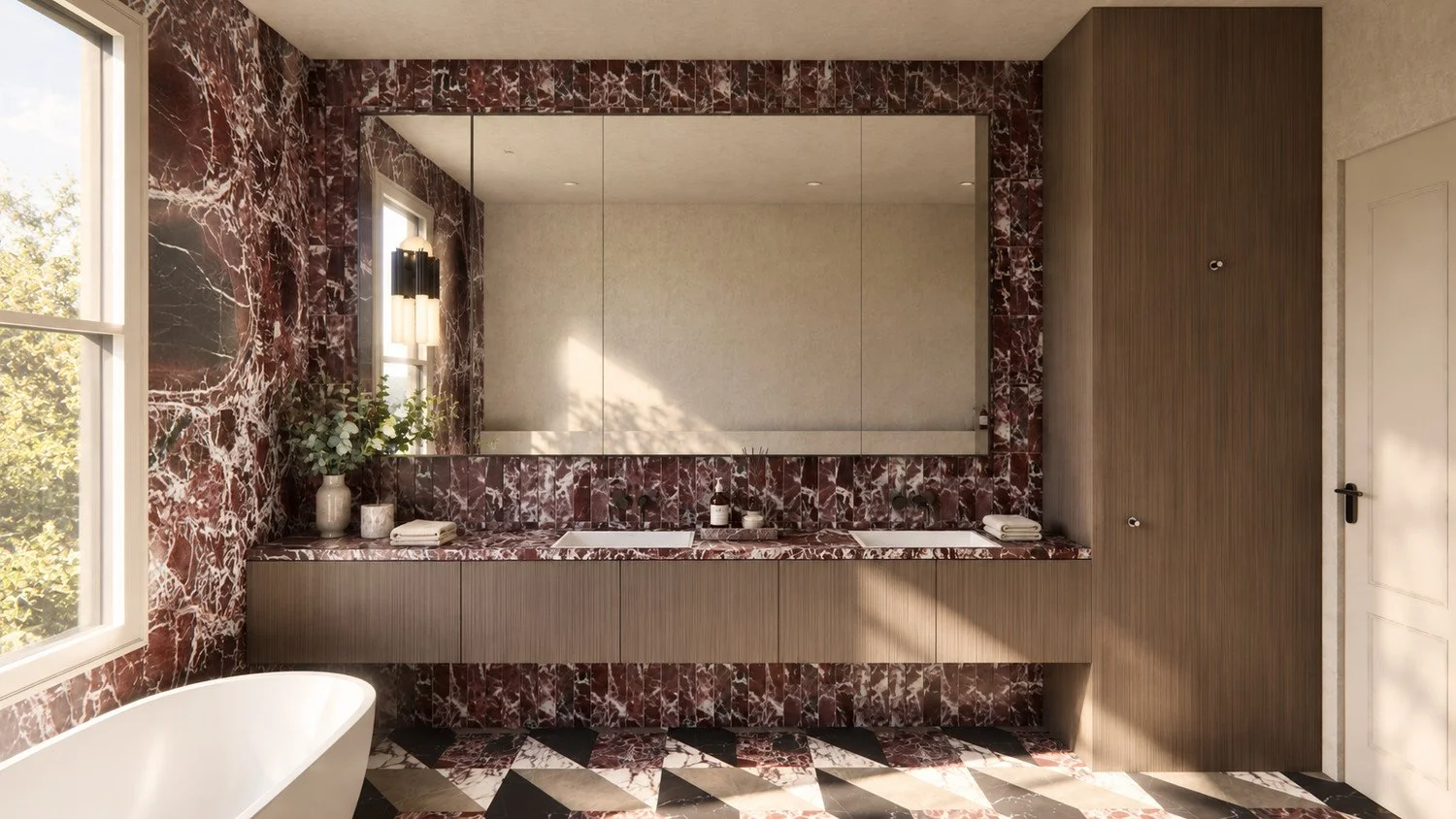 Craigneal bathroom vanity visualisation with burgundy veined stone, timber cabinetry and a broad mirrored cabinet.