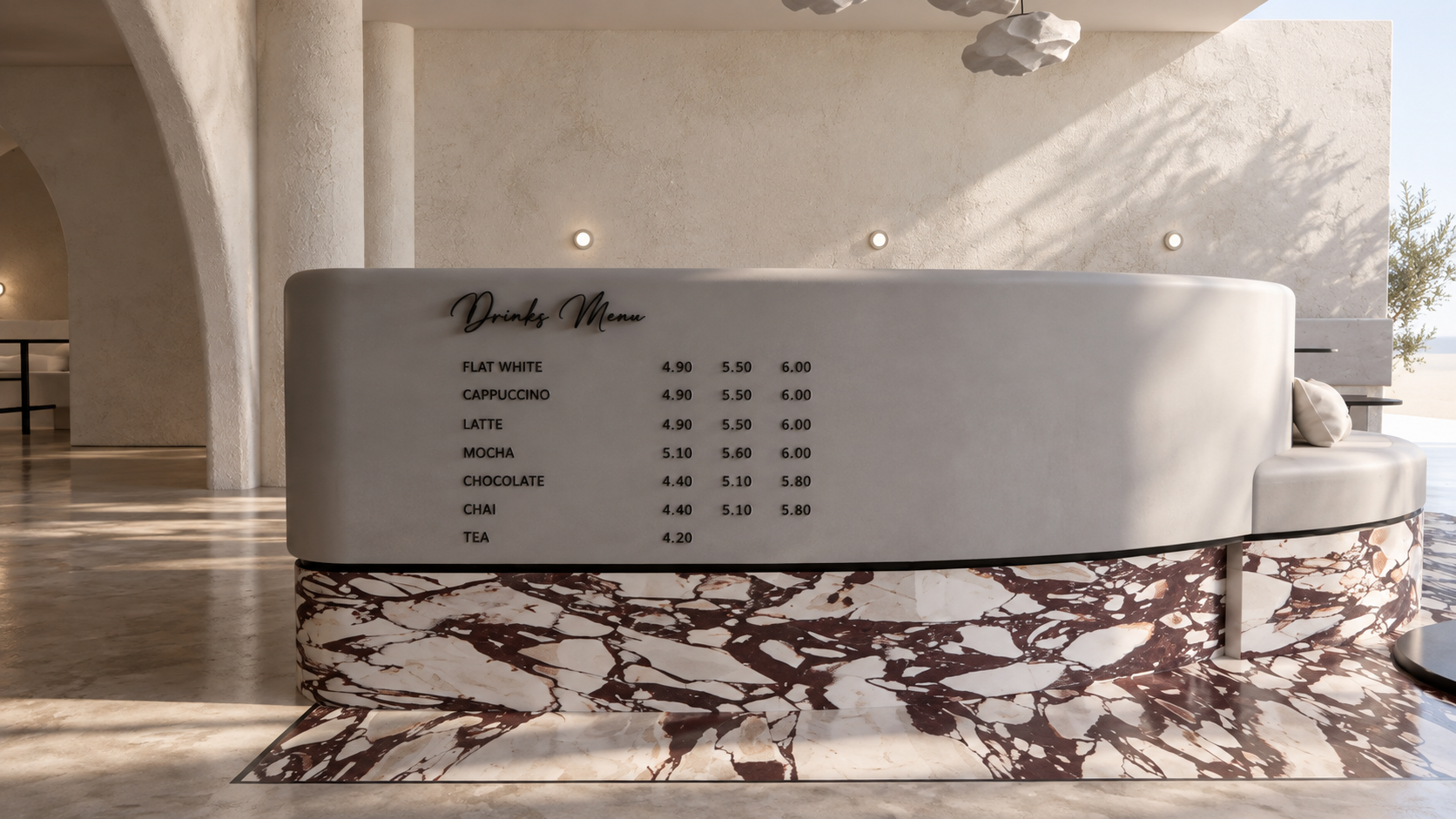 the drinks menu is integrated directly into the counter, keeping the design clean and cohesive.