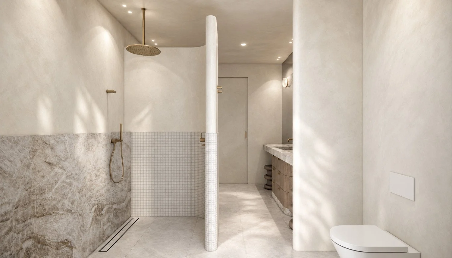 Pearl walk-in shower visualisation with a curved tiled wall, brass rainfall shower and pale stone finishes.