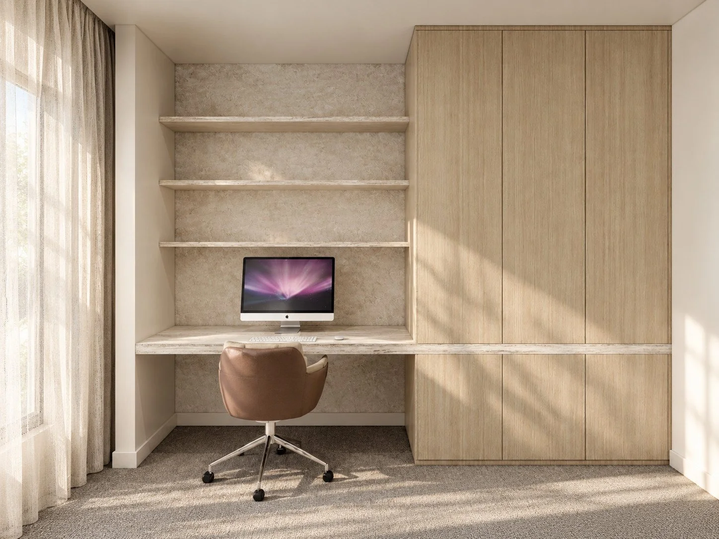 Botanica study visualisation with timber shelving, an integrated desk and an upholstered chair.