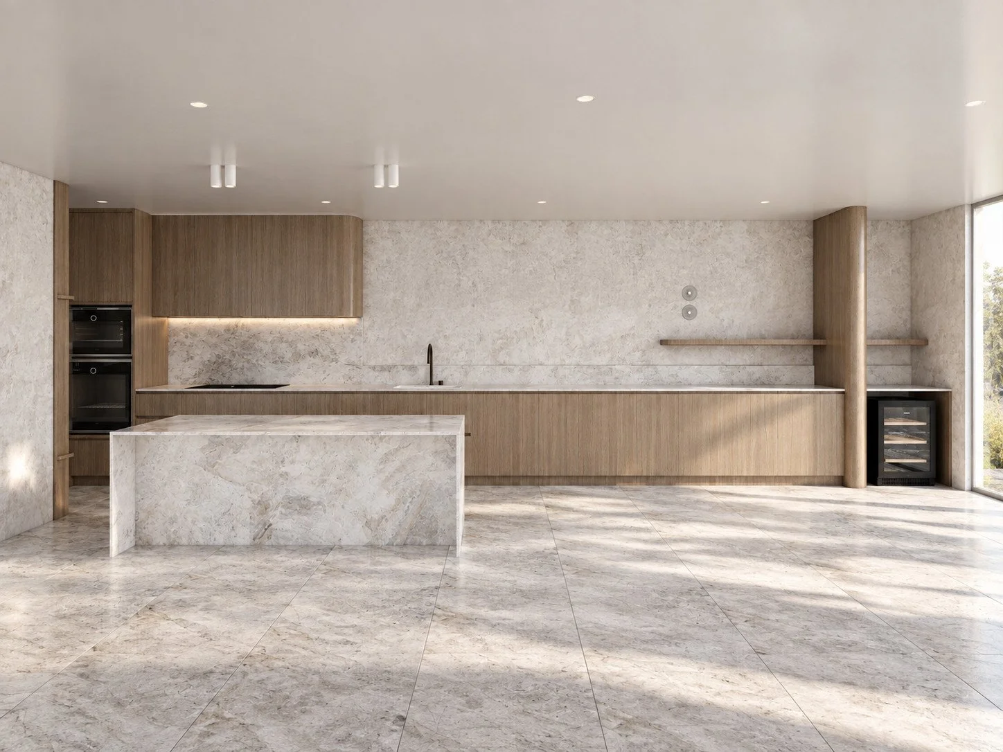 Lorde House kitchen visualisation with a natural stone island and warm timber cabinetry.