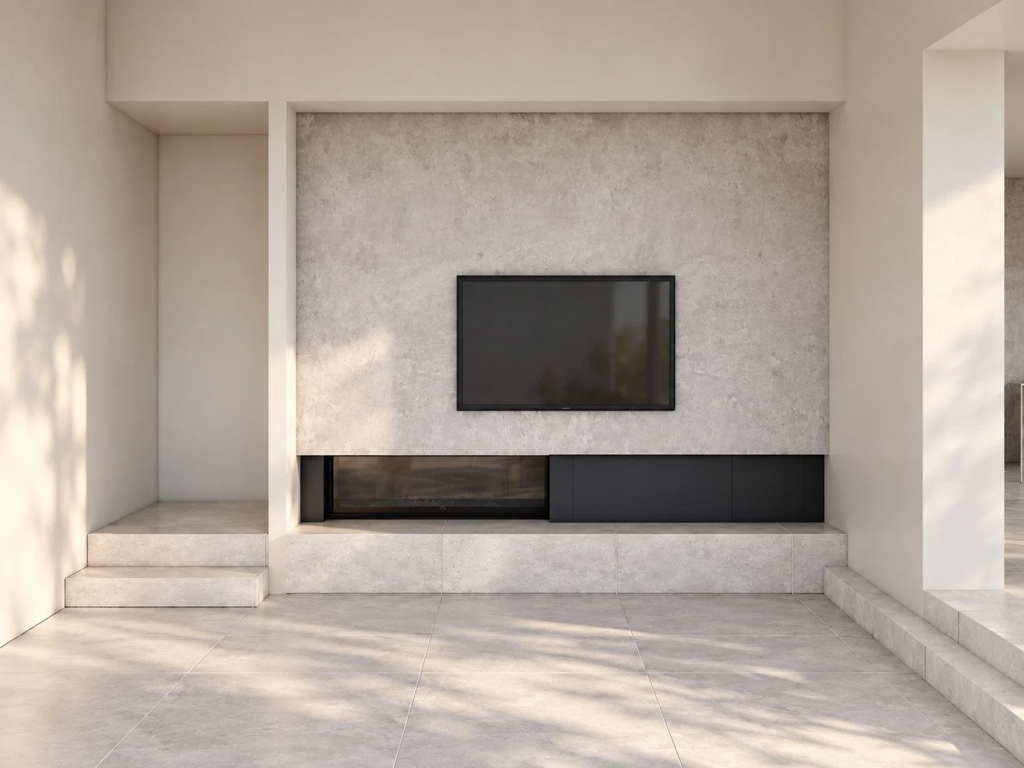 Lorde House living room visualisation with a stone fireplace wall and integrated television.