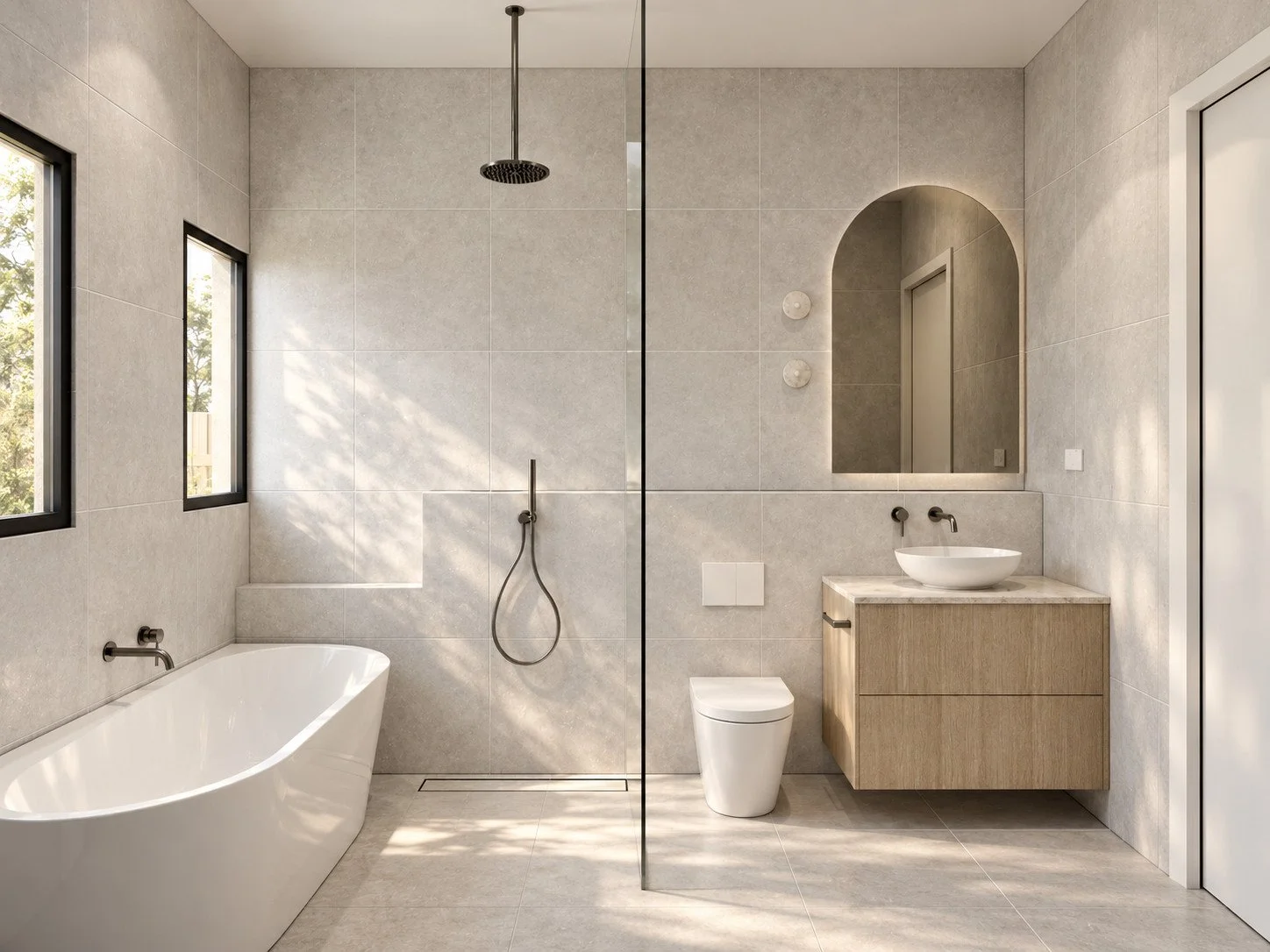 Botanica bathroom visualisation with a freestanding bath, glass shower and timber vanity.