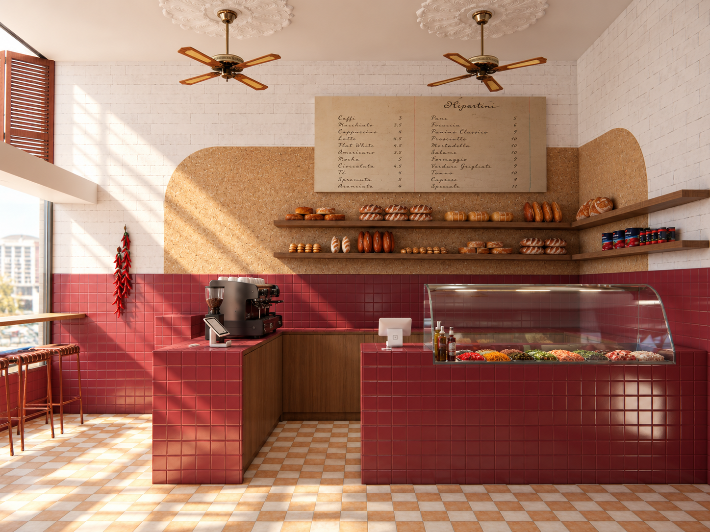 the main servery combines rich red tiles, timber shelving and vintage-inspired detailing to create a strong and inviting focal point.