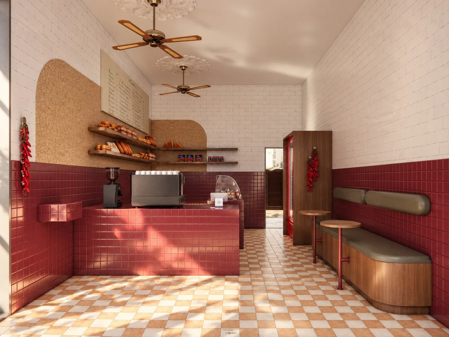 terracotta checkerboard flooring connects the compact servery and leather banquette beneath white-painted brickwork and vintage ceiling fans.