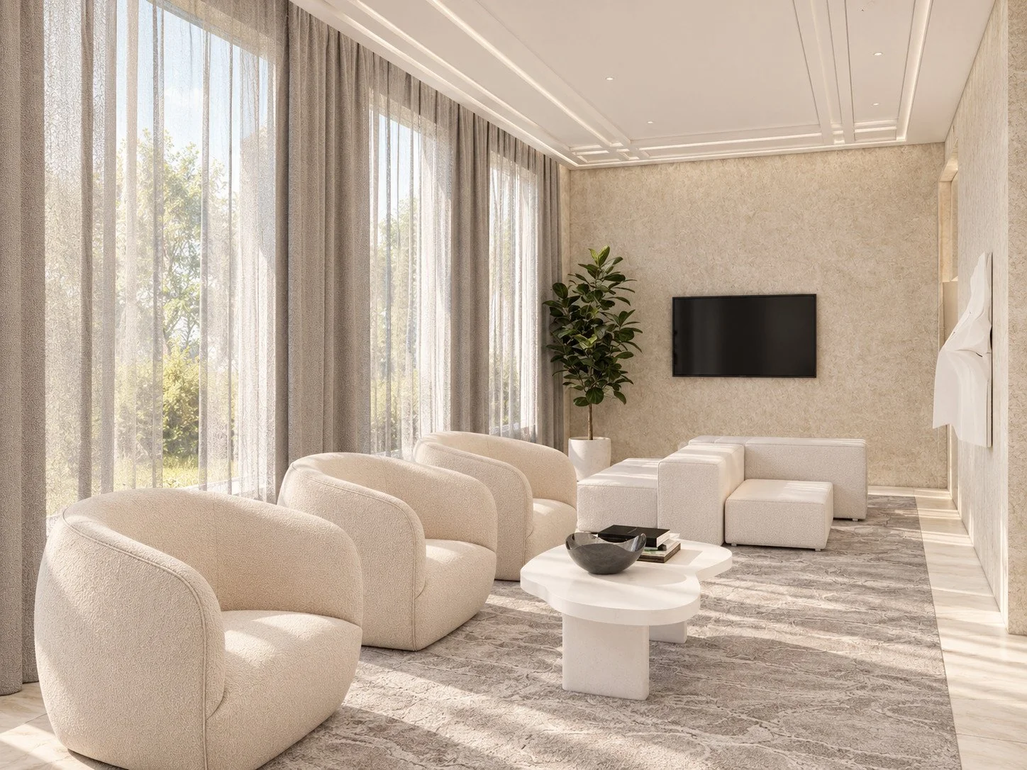 coffered ceiling detailing and integrated lighting frame the waiting room, where venetian plaster walls and softly upholstered seating create a restrained, welcoming setting.