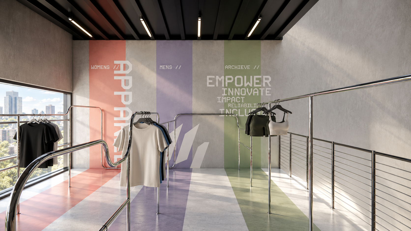 custom hanging rails and bold colour blocking create a flexible display zone with a strong graphic identity.