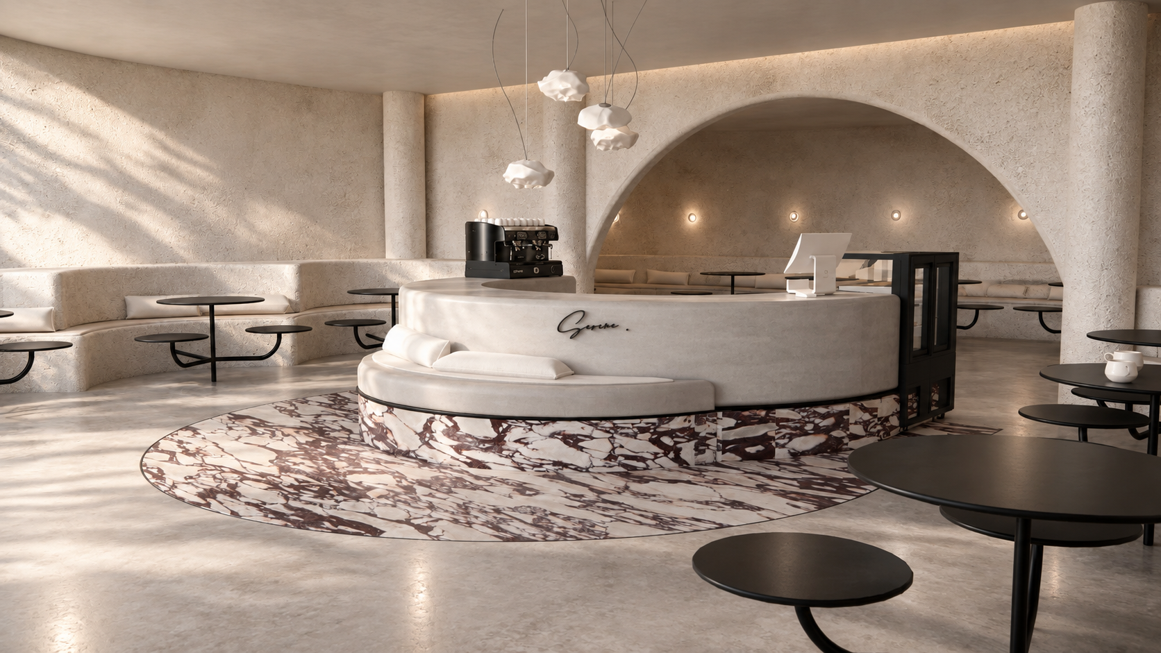 curved forms, integrated seating and layered textures give the counter a strong but softened presence.