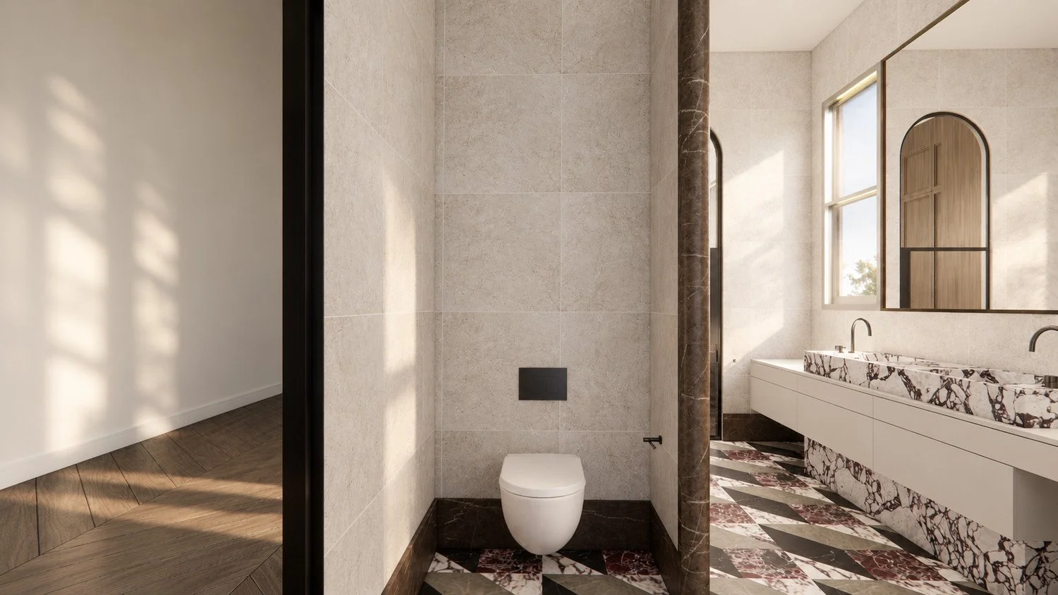 Craigneal bathroom visualisation with a stone vanity, arched mirror and a separate toilet alcove.