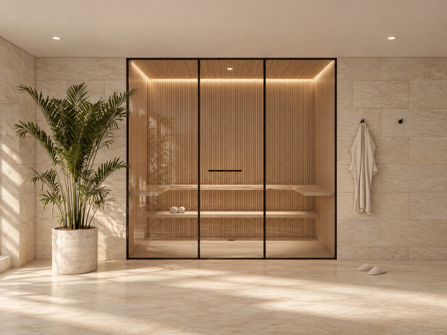 a glass-fronted cedar-lined sauna features tiered benches and integrated lighting, surrounded by travertine walls and flooring.