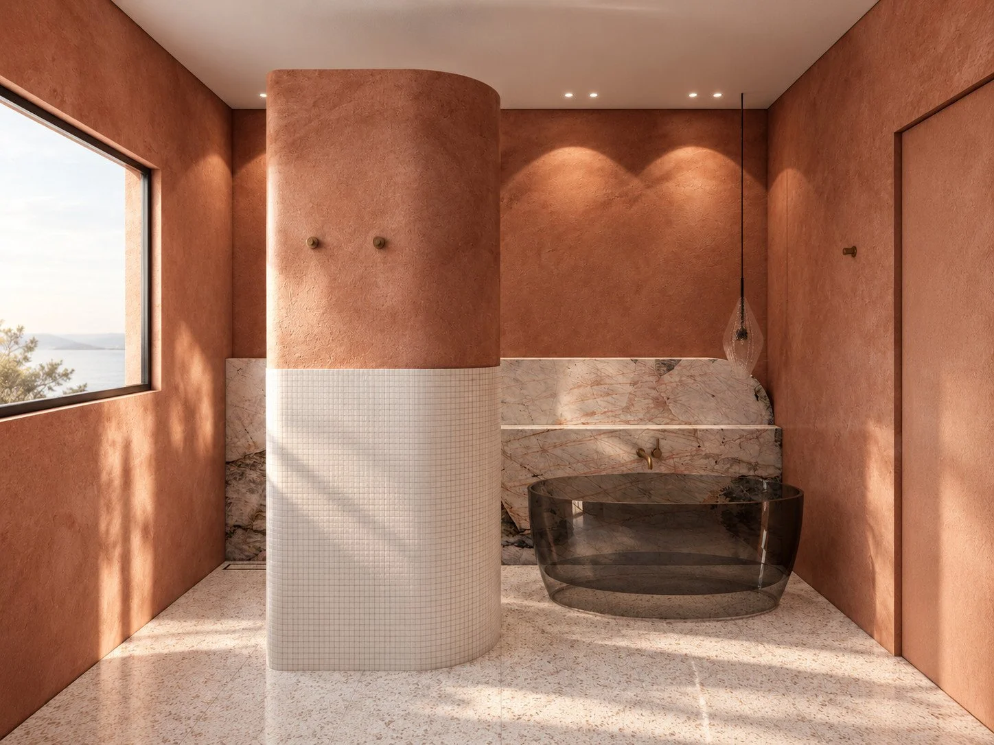 Alpine House bathroom visualisation with terracotta walls, recessed lighting and pale natural stone.
