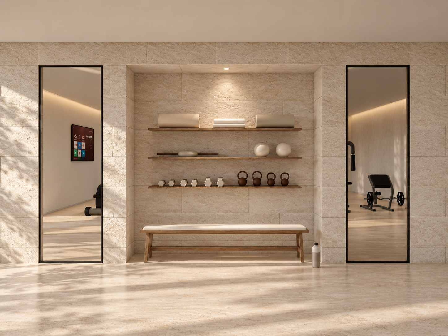 natural stone, warm timber and carefully integrated storage create a refined fitness environment with a calm, residential feel.