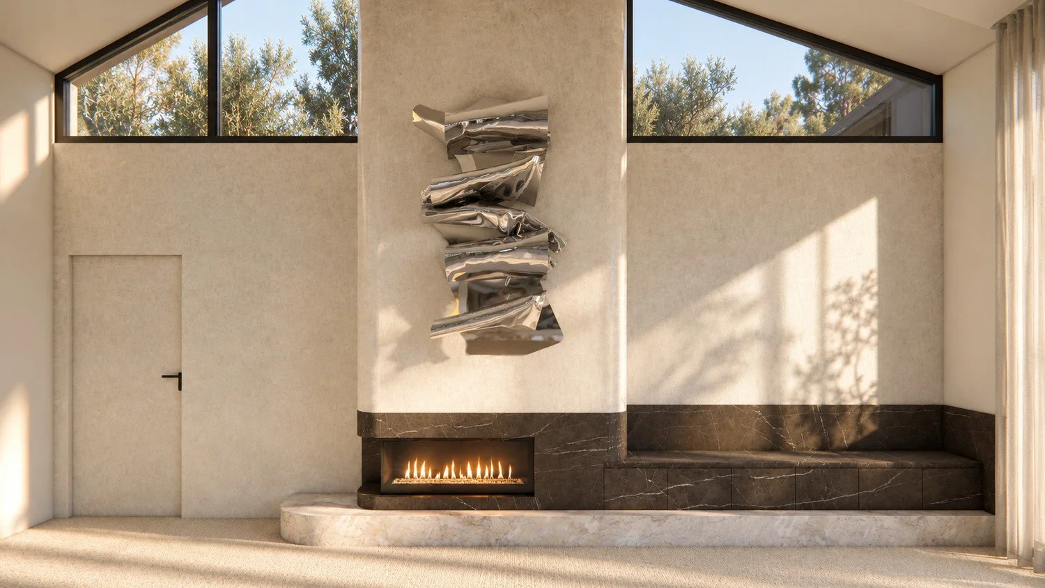 Craigneal living room visualisation with high-level glazing, a linear fireplace and a sculptural feature above the hearth.