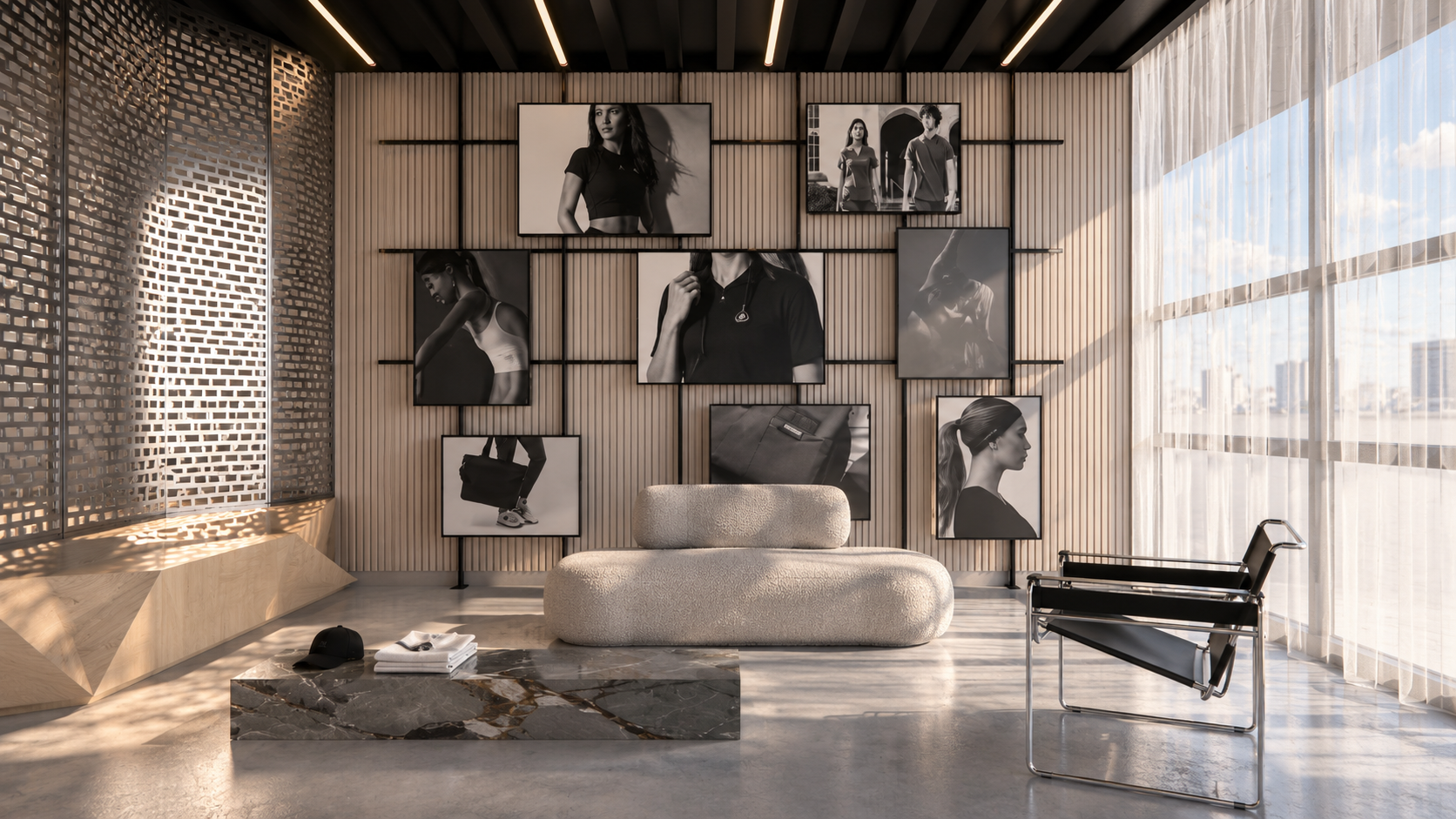 a gallery-style wall, sculptural seating and filtered natural light create a relaxed meeting environment with a strong editorial feel.