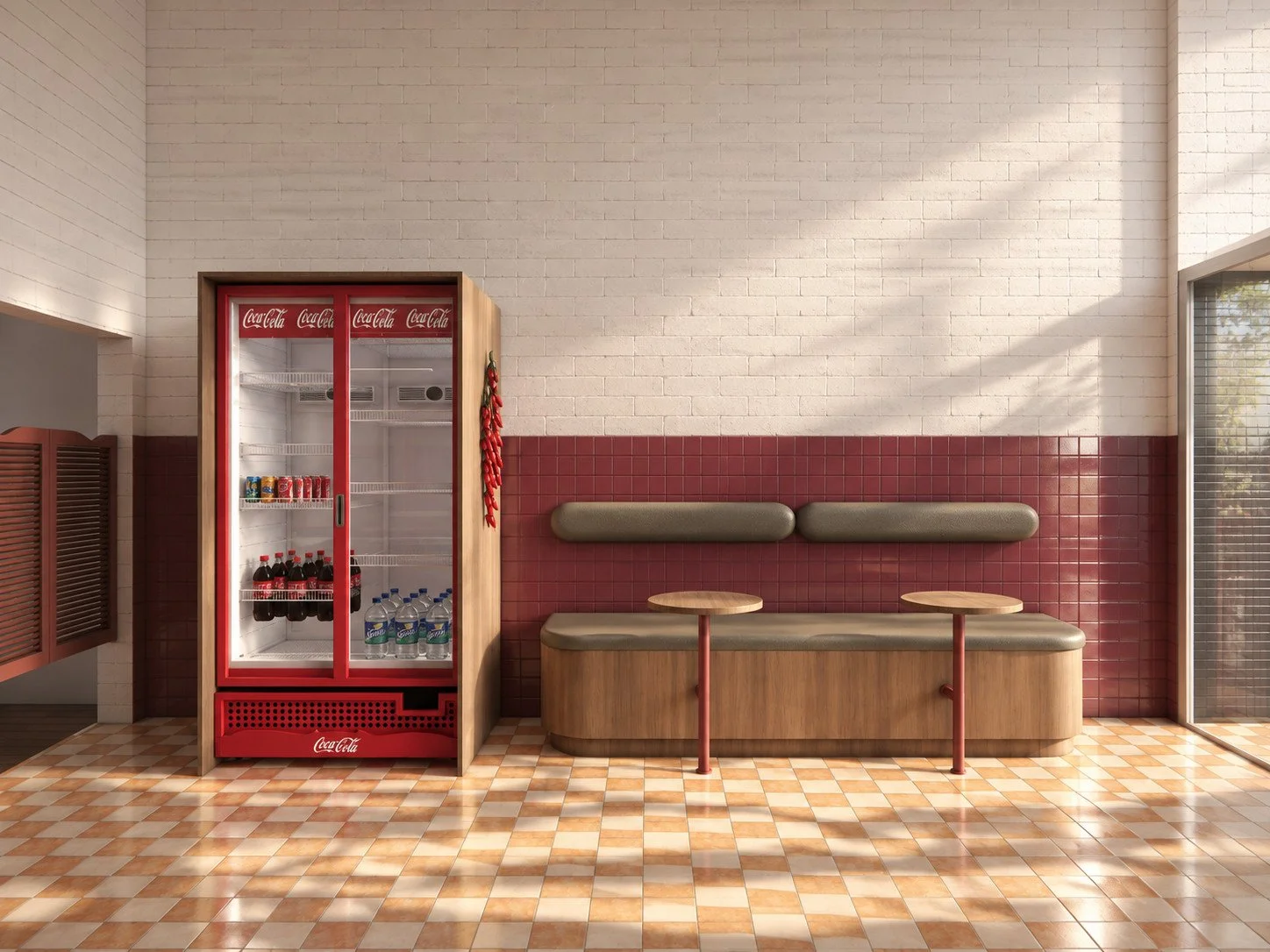 rounded leather backrests and circular timber tables define the bespoke banquette, alongside a timber-framed drinks fridge and western-style swing doors.