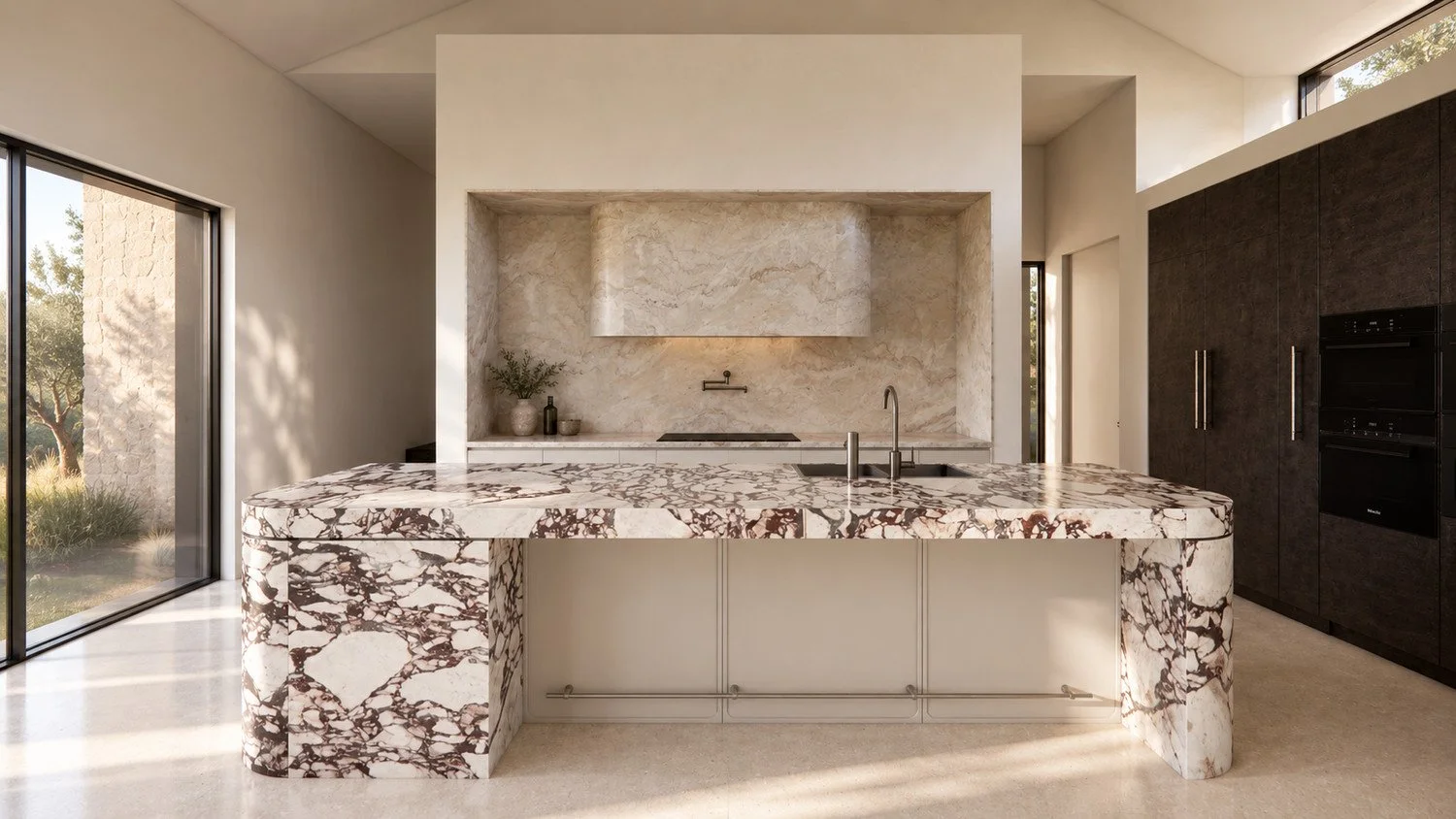 Craigneal kitchen visualisation with a Viola stone island, pale bespoke joinery and a garden-facing window.