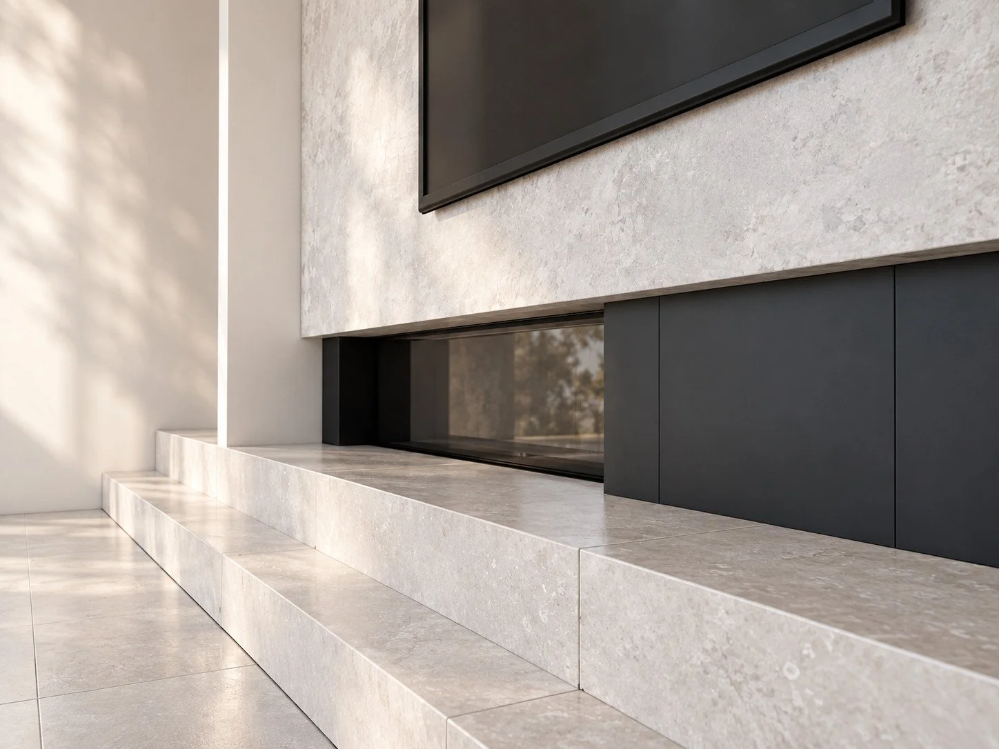 Lorde House fireplace visualisation with textured stone and a dark hearth.