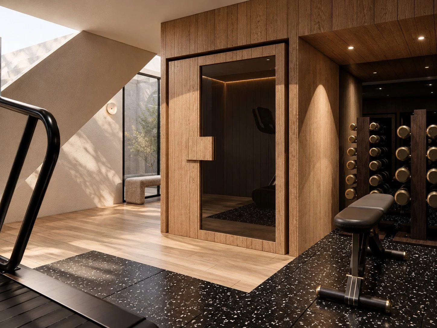 Umber basement sauna visualisation with timber cladding, a glazed door and adjoining gym equipment.