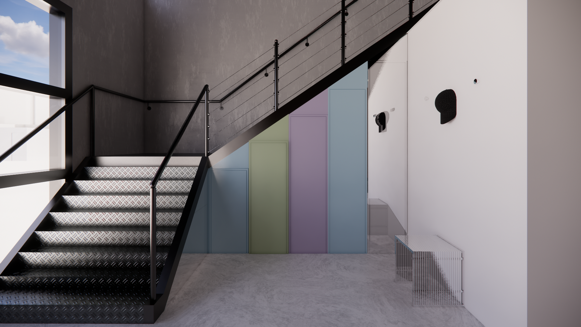 Industrial staircase with colorful doors underneath. Modern minimalist interior with concrete and metal. The doors are pastel green, purple, and blue.