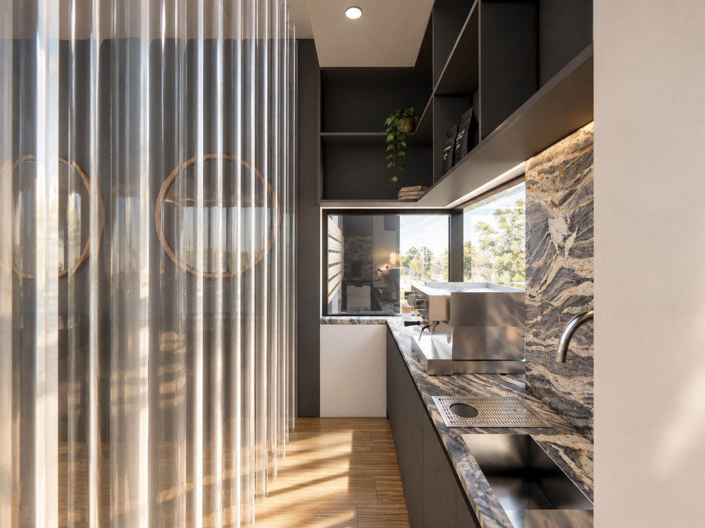 a dividing metal curtain closes off the coffee station, alongside quartzite work surfaces, dark overhead shelving and integrated lighting.