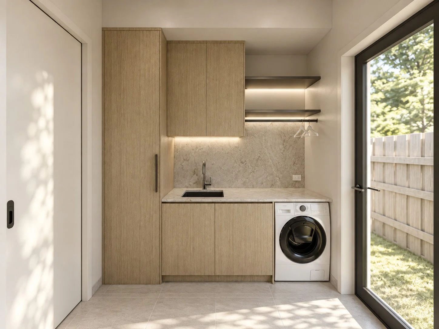 Botanica laundry visualisation with timber cabinetry, open shelves and a washing machine.