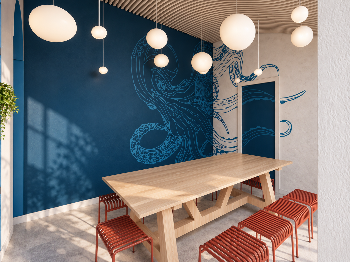 the sculptural ceiling and oversized mural work together to create a dining space that feels energetic, distinctive and highly memorable.