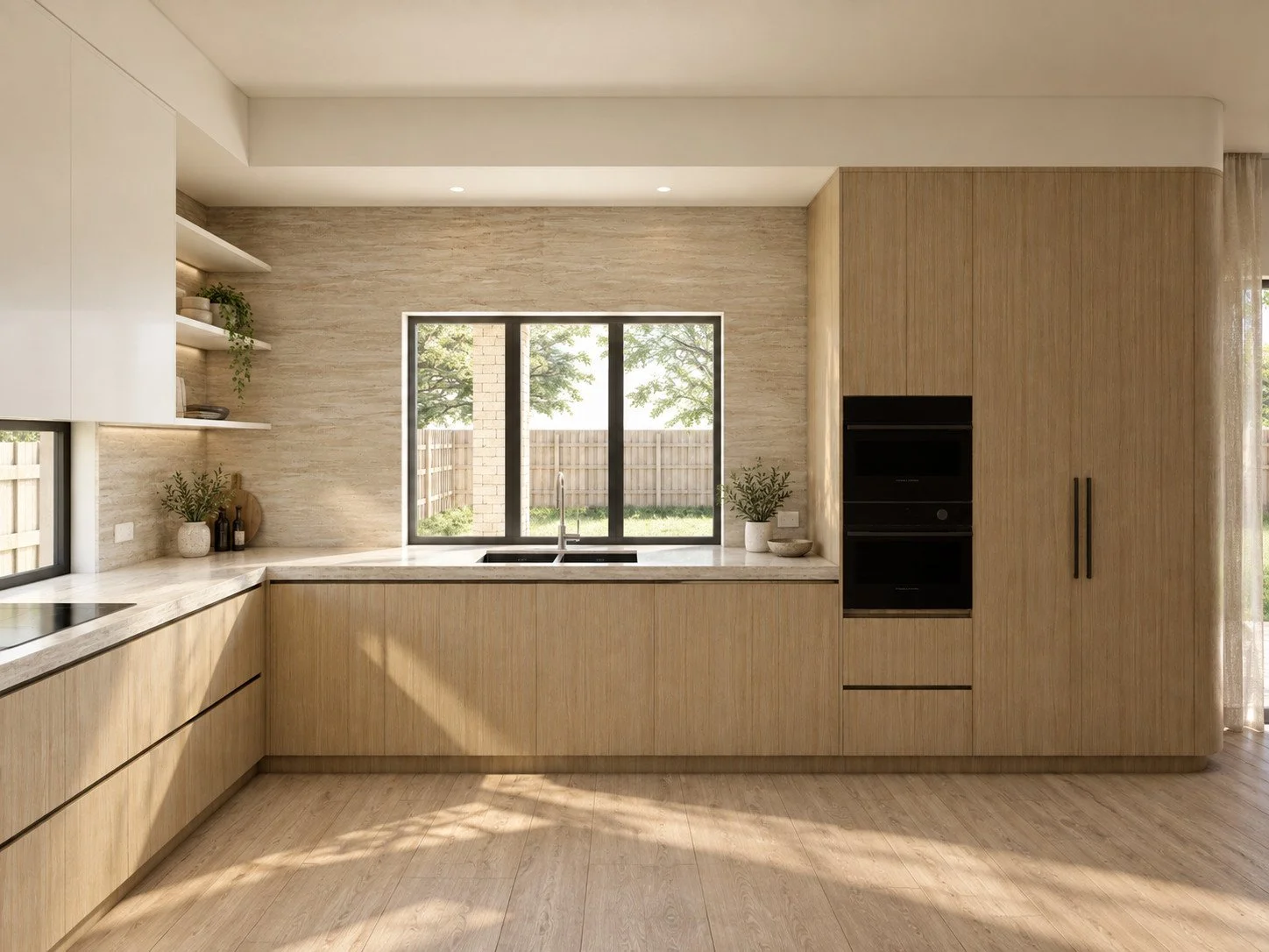 Botanica kitchen visualisation with an integrated oven, open shelving and veined stone.