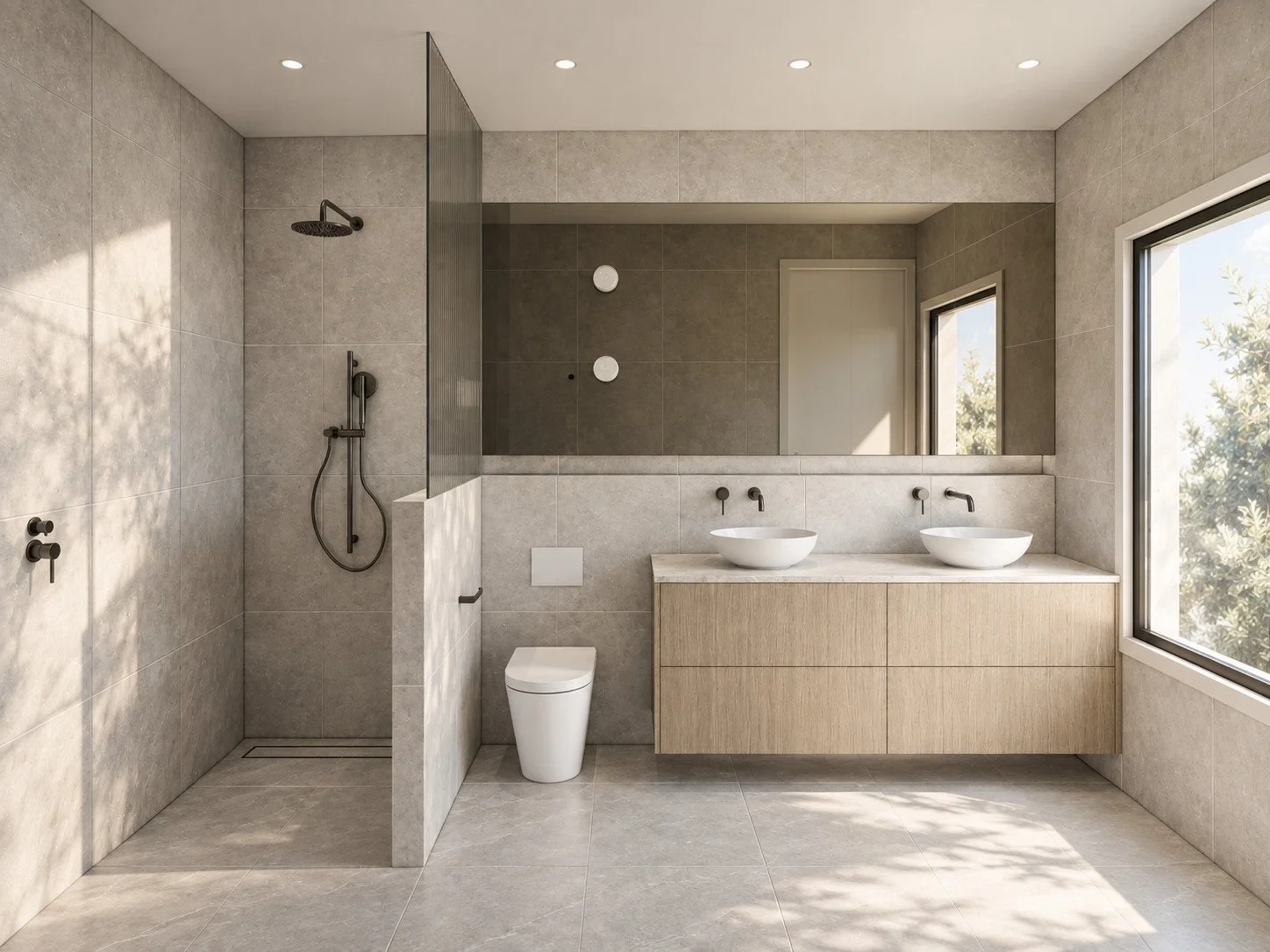 Botanica bathroom visualisation with a long timber vanity and glazed shower enclosure.